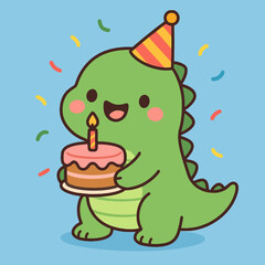 Illustration of a charming cartoon illustration of a cheerful dinosaur wearing a birthday hat and holding a delicious cake with a lit candle, surrounded by colorful confetti, perfect for