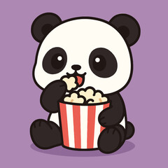 Illustration of a delightful cartoon illustration of a cute panda bear joyfully eating popcorn from a striped bucket, perfect for moviethemed designs, childrens illustrations, and