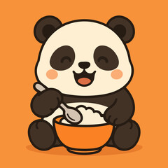 Illustration of a charming cartoon illustration of a cute panda bear joyfully eating from a bowl with a spoon, set against a warm orange background, radiating happiness and contentment