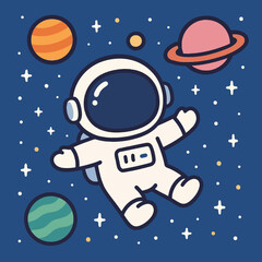 Illustration of cartoon illustration of an astronaut floating in space surrounded by planets and stars, a whimsical and adventurous image perfect for childrens books or spacethemed designs © Syed  39