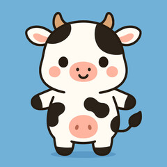 Illustration of cute cow cartoon illustration, a kawaii and adorable farm animal character with a sweet face, perfect for childrens designs, cheerful and playful, isolated on a blue