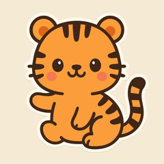 Illustration of cute cartoon tiger character illustration vector design graphic drawing of a funny happy sweet adorable wildlife zoo safari jungle animal isolated on beige background
