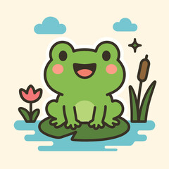 Illustration of adorable cartoon frog sitting on a lily pad in a serene pond setting, surrounded by cattails and flowers, perfect for childrens illustrations and designs, isolated on white