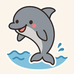Illustration of playful cartoon dolphin leaping out of the water with a cheerful expression, creating a cute and lively illustration perfect for childrens designs and marinethemed projects,