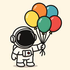 Illustration of a charming astronaut in a spacesuit joyfully holds a bunch of colorful balloons, creating a whimsical and celebratory atmosphere, perfect for childrens illustrations and