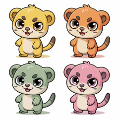 Illustration of four adorable cartoon lion cubs isolated on white background, each with unique fur colors, showcasing their playful expressions and charming features in a delightful and