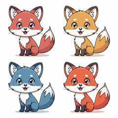 Illustration of a delightful pattern featuring four adorable cartoon foxes isolated on white background, each with a unique color and expression, perfect for adding a touch of charm to any