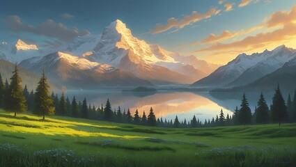 Majestic snow capped mountain range reflected in calm lake surrounded by pine trees and green meadow at sunrise