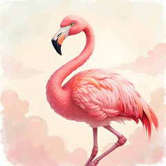 Obraz premium A graceful pink flamingo standing elegantly with soft watercolor clouds in pastel background.
