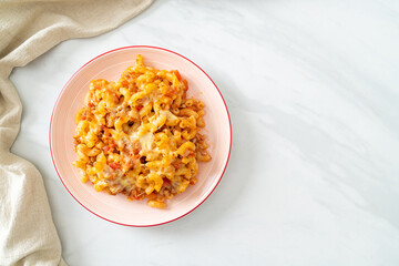 homemade macaroni bolognese with cheese