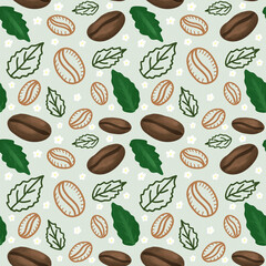 Coffee Beans and Leaves Seamless Pattern