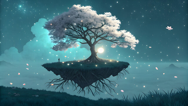 Floating island with ancient tree under starry sky