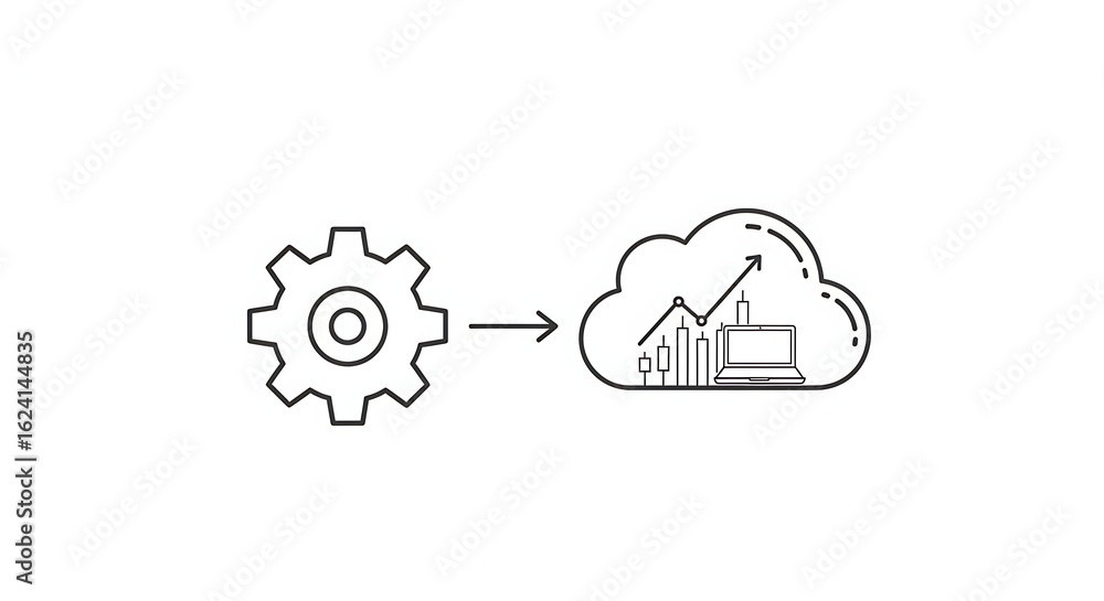 Poster gear icon leading to cloud with laptop and stock chart representing data processing and analysis