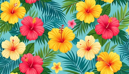 Vibrant Hibiscus and Palm Leaf Pattern on a Light Blue Background