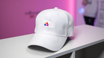 Fototapeta premium White Baseball Cap with Colorful Logo Displayed on a Minimalistic White Shelf