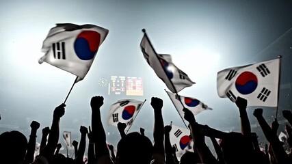 A patriotic crowd of South Korean supporters with raised fists waving the national flag