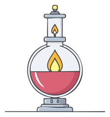 Round Bottom Flask with Burning Red Liquid and Flame Cartoon Illustration