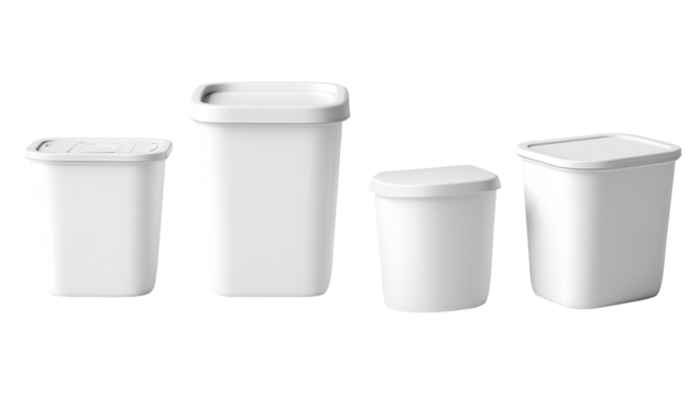 Four white plastic storage containers of varying sizes, with square lids