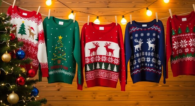 Flat lay of colorful National Ugly Christmas Sweater Day decorations - Powered by Adobe