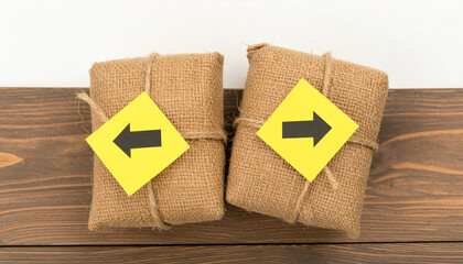 Directional Parcels: Two parcels tied with string, each bearing a yellow sign indicating opposite directions, rest on a wooden surface, a subtle invitation to contemplate choices.