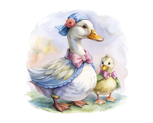 watercolor mother goose with her kid vector illustration isolated on white background