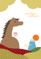 2026年午年の午と富士山と和柄の年賀状/縦04・文字なし