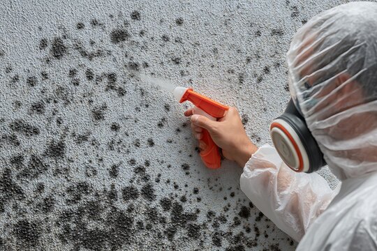 Mold Remediation Professional in Protective Gear Spraying a Wall for Fungal Growth.