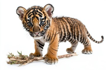 Obraz premium Baby Tiger Cub Playing with a Stick on White Background