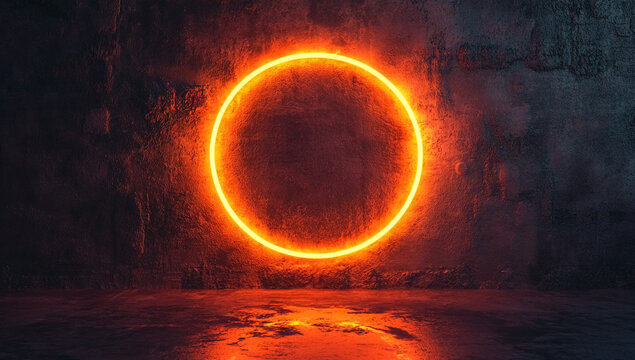 Vibrant orange neon oval portal glowing intensely against a dark textured concrete wall with reflections