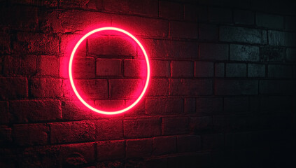 Vibrant red neon oval light glowing brightly against a dark textured brick wall background
