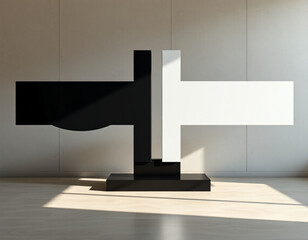 Abstract black and white geometric sculpture with light and shadow
