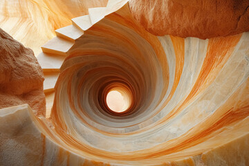 Abstract swirling spiral staircase with warm orange and white tones leading to a bright light source