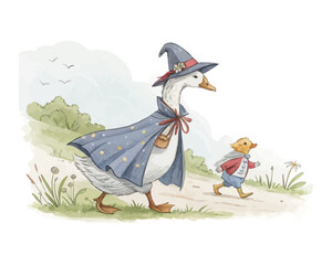 watercolor mother goose with her kid vector illustration isolated on white background © Tanvir Rana