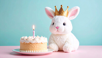 Birthday Bunny with Felt Crown and Cake on Soft Pastel Background