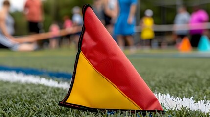 Colorful Training Cone on Turf Field During Outdoor Sports Practice Session in Soft Focus Background