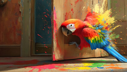 Vibrant scarlet macaw parrot exploding with colorful paint splatter against a wooden background