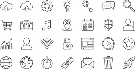 Extensive set of user interface icons, encompassing cloud upload, settings, bulb, chat, search, cart, camera, music, location, calendar, shield, account, graph, wifi, lock, browser, play, star, globe