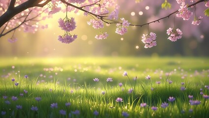 Pink cherry blossoms on branches over a sunlit meadow with purple wildflowers and green grass spring