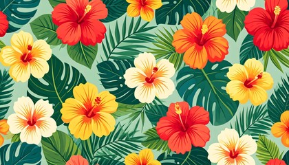 Vibrant Hibiscus Flowers and Tropical Leaves Pattern on Light Blue Background