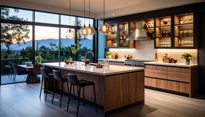 Modern kitchen with island with mountain view, luxury interior design, and home decor.