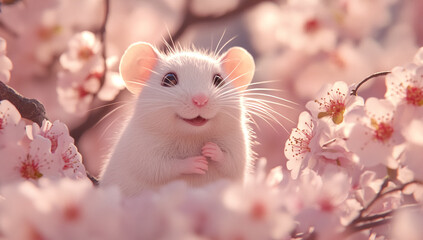 Adorable white mouse peeking through delicate pink cherry blossoms in soft springtime light
