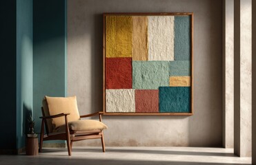 Modern interior design showcasing colorful abstract artwork and armchair