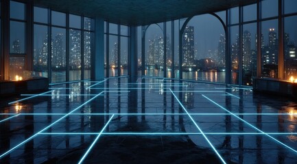 Vast, empty room with city view, glowing floor grid