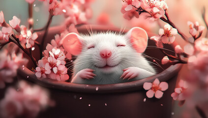 Adorable fluffy white rat with eyes closed smiling peacefully nestled amongst blooming pink cherry blossom branches
