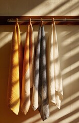Colorful linen tea towels hanging on wooden hooks, creating cozy home atmosphere