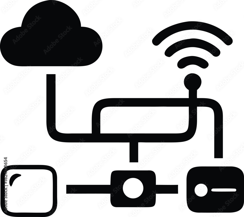 Poster black and white icon depicting cloud computing network with devices technology data