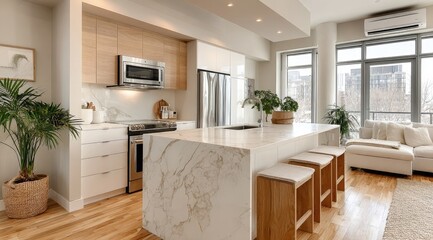 Modern kitchen with island, hardwood floors, and large windows