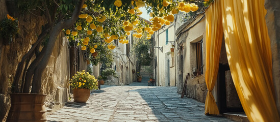 Sunlit cobblestone alleyway lined with potted plants and a lemon tree in bloom