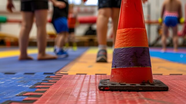 Colorful Traffic Cone on Gym Floor with Children Engaging in Various Activities