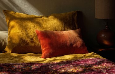 Sunlight illuminating ochre and orange pillows on unmade bed